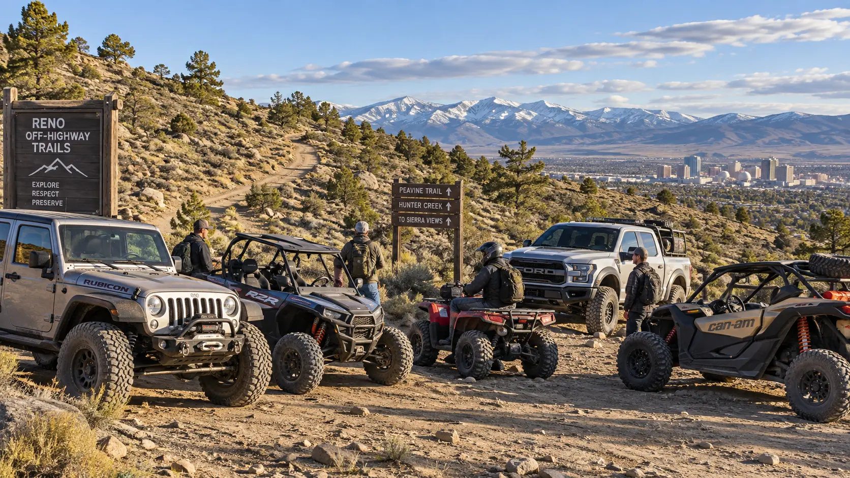 Off-road vehicles gathered above Reno with the Sierra Nevada in the distance